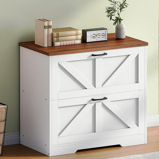 HOOBRO 2 Drawer File Cabinet, Farmhouse Lateral Filing Cabinet for Letter/A4/Legal Size, Large Wooden Office Storage Cabinet, Printer Stand for Home Office, White and Walnut WH48WJ01