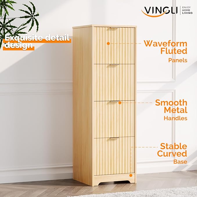 VINGLI Tall 4 Drawer File Cabinet, Home Office Filing Organizer, for Letter Size File Folder Storage, Modern Style Fluted Design, Wood Vertical Filing Cabinet, Printer Stand, Archivador (Oak)
