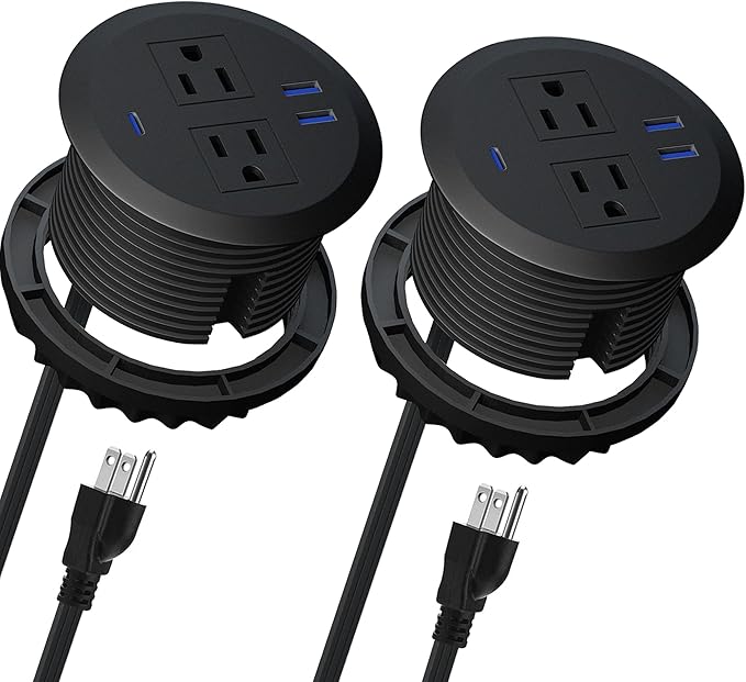 2PCS 3 Inch Desktop Power Grommet,20W USB C Fast Charging Station,3-USB Port,Flush Mount,6.5 ft Power Cord.Round Recessed Power Outlet,Desk Hole Grommet Outlet for Workspace,Sofa,Black