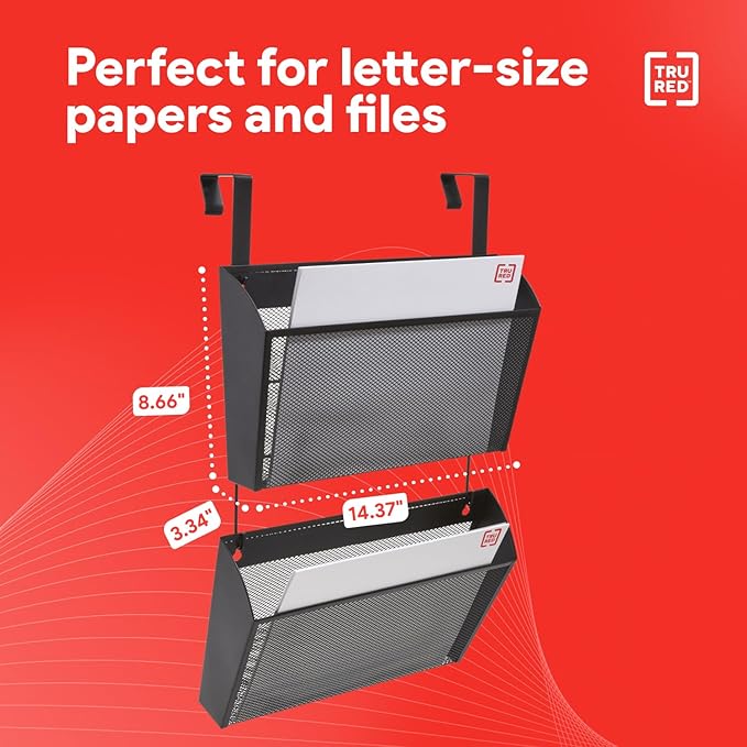 TRU RED Mesh Letter Wall File, 1‑Pocket Hanging Organizer, Black, 2‑Pack – Wall‑Mounted Office, Door & Cubicle File Holder