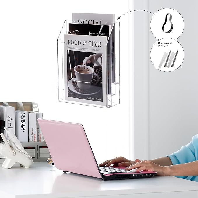 YUXUN Wall Mount File Organizer, Clear Acrylic File Holder for Desk, No Assembly Hanging Mail Organizer, Heavy Duty Document Sorter Magazine Rack for Office, Home, Classroom
