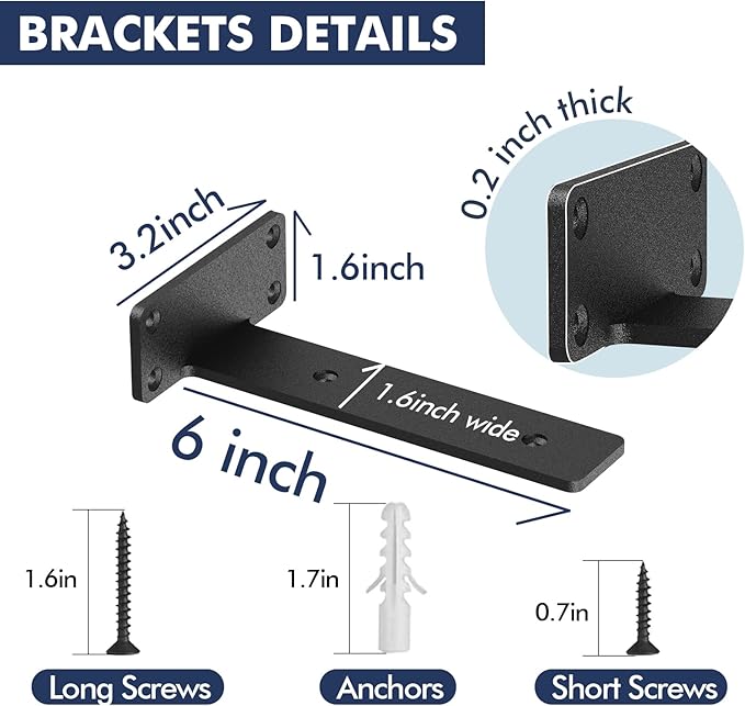 Starunder 12 Pack Floating Shelf Brackets, 6 Inch Heavy Duty Industrial Shelf Bracket, Black Metal L Brackets for Shelves Support DIY(1/5 Inch Thicked)