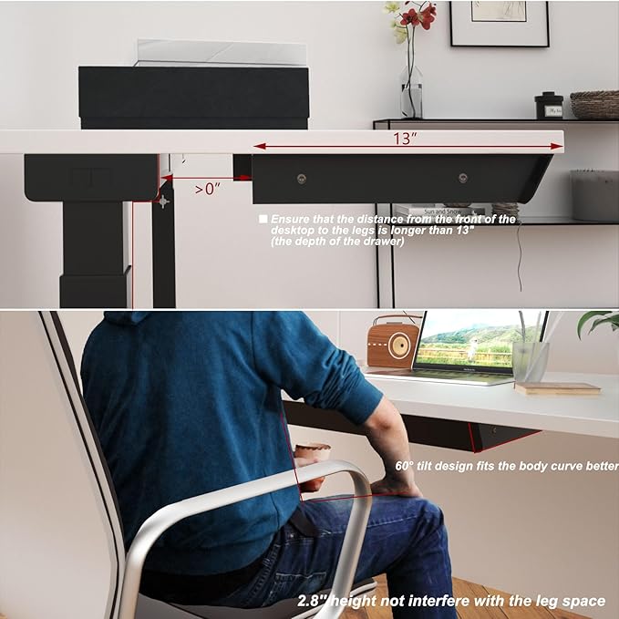 Large Under Desk Mounted Sliding Drawer with Pencil Tray and 60 Degree Tilt Panel to Pull Out, 30'' Long & 13'' deep Large Storage Organizer for Sit Stand Workstation
