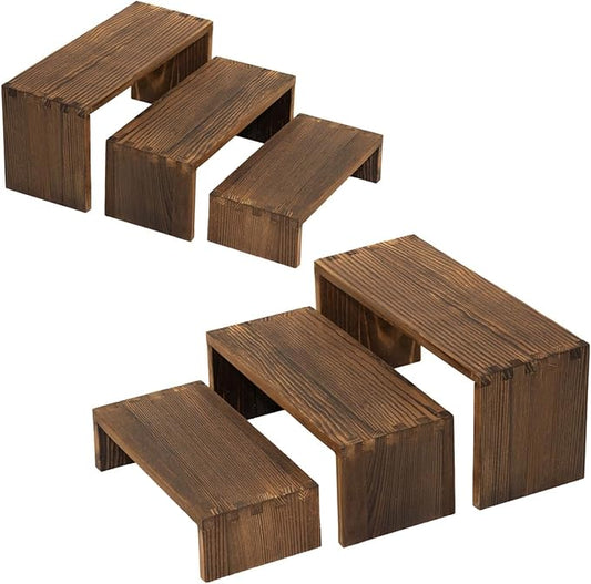 3-Tier Wood Display Riser 2 Set, Tiered Display Stand for Food, Kitchen, Desk & Party - Solid Pine Wooden Shelf & Organizer for Plants, Collectibles, Office (9.5/8.5/7.5 In)