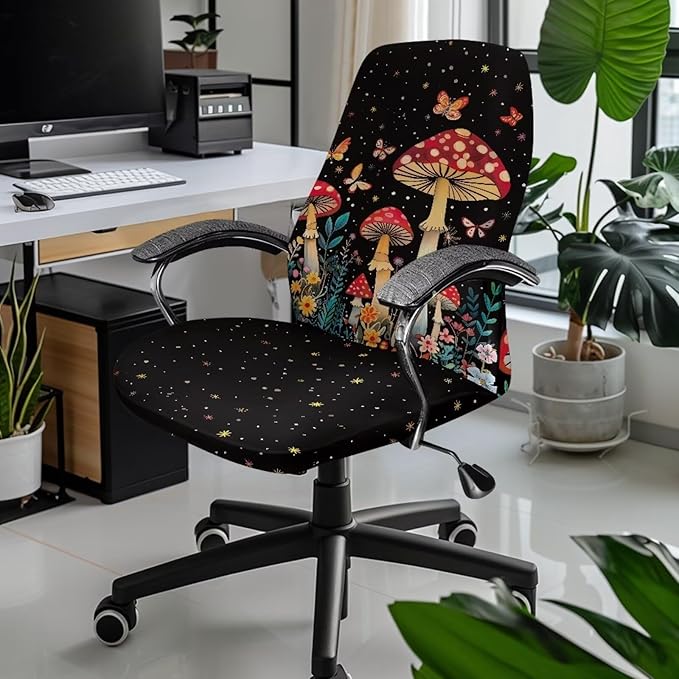 Talayituse Mushroom Butterfly Flower Print Office Chair Covers Stretch Computer Chair Slipcover Removable Boss Chair Seat Cushion Protectors for Armrest Chair Universal Rotating Chair, L