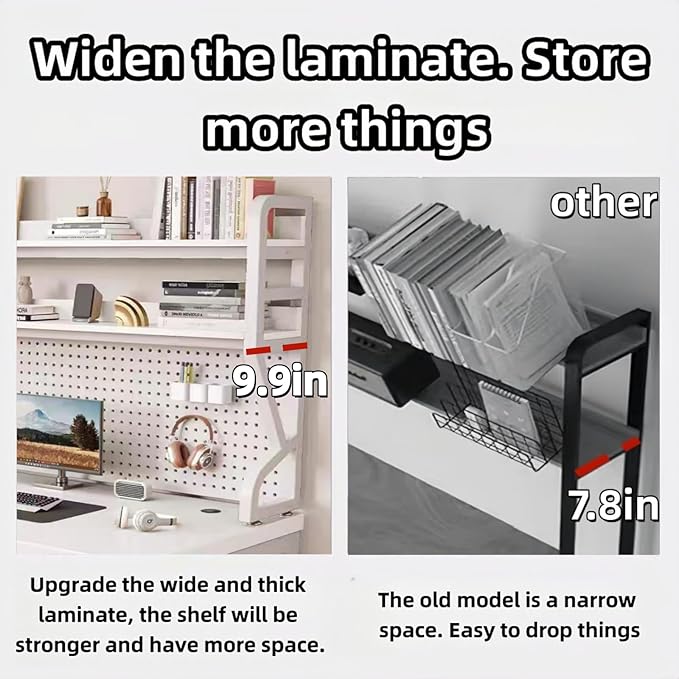 Desktop Hutch Bookshelf,Many Gifts,Metal Desktop Bookcase with pegboard, Desk Shelf, Countertop Storage Organizer Rack for Dorm or Office,Desktop Shelves (White, 37.4" Lx9.9 Wx39 H)