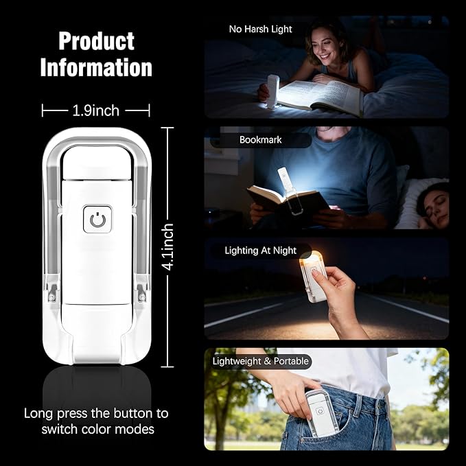 12 Pack Reading Light,Rechargeable Book Light for Reading in Bed, Eye Caring 3 Color Temperatures,Compact Size Clip on Book Lamp for Book Lovers Kids Adults（Multicolor）