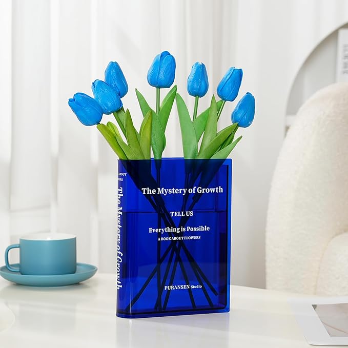 Puransen Blue Book-Shaped Vase for Flowers - Aesthetic Room Decor for Modern Home/Office, Minimalist Shelf Organizer with Floral Display, for Book Lovers & Interior Design Enthusiasts