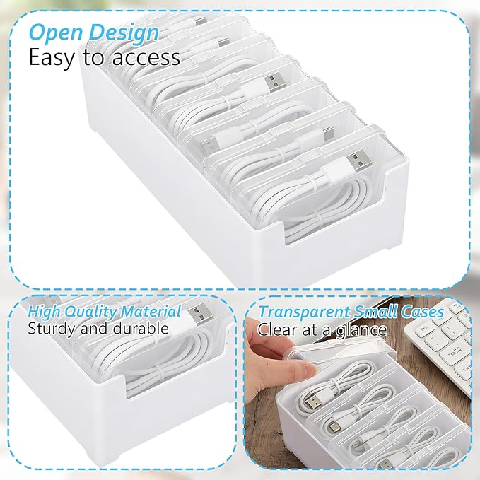 4 Set Cable Organizer Box with 7 Clear Switch Case Power Cord Organizer Desktop Cable Management Box Desktop Charger Cord Storage Organizer Box for Office Home Desk Accessories Stationery Supplies