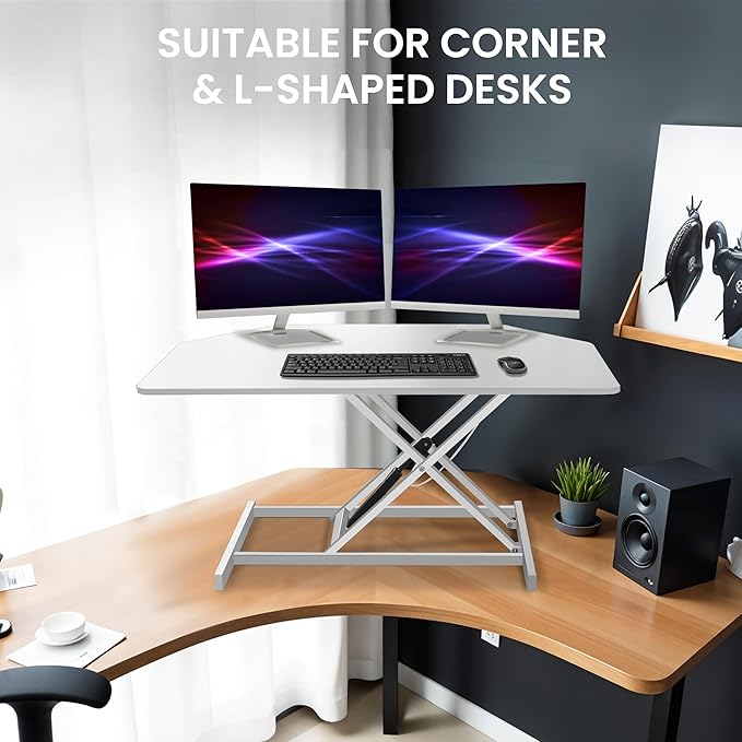 Aconcept 38 inch White Corner Height Adjustable Standing Desk Converter, One-Click Sit to Stand up Desk Riser, Pre-Assembled for Dual Monitor and Laptop Workstation