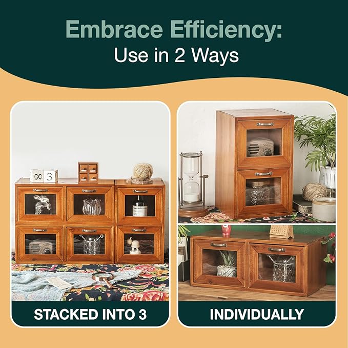 Modular Stackable Set of 3 Desktop Drawers Display Organizer - 6-Drawer Wood Organizer for Desk - Vintage Countertop with Clear Doors - Organizer Box for Card Catalog, Collectibles Storage