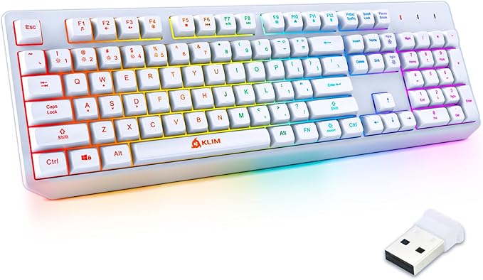 KLIM Chroma White Wireless Keyboard – RGB Backlit, Rechargeable Battery, Wireless Keyboard with Water-Resistant Durable Design, Compatible with PC, Mac, PS4, PS5