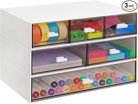 3 Tier Stackable Desk Organizer with 6 Drawers, YOCOMEY Plastic Desktop Storage Box Drawers, Detachable Makeup Storage Office Stationery Supplies Organizer for Office School(New White)