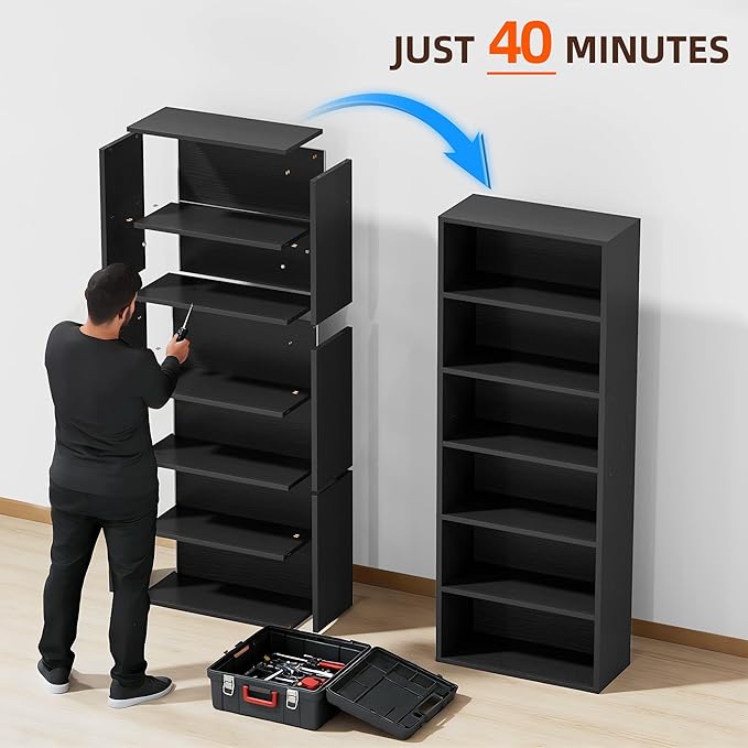 Furniwell 71" Tall Bookcase Bookshelves, 6 Tier Floor Standing Bookcases Open Frame, Modern Display Storage Organizer for Home Office, Living Room, Bedroom, Study Room (Black, 2 Pcs)