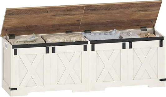 Hzuaneri 59" Storage Chest, Large Storage Trunk with 2 Hinges, Farmhouse Wooden Box Bench, Lift-Top Organizer Chest, Entryway Trunk for Bedroom, Living Room, White and Brown SB15014X