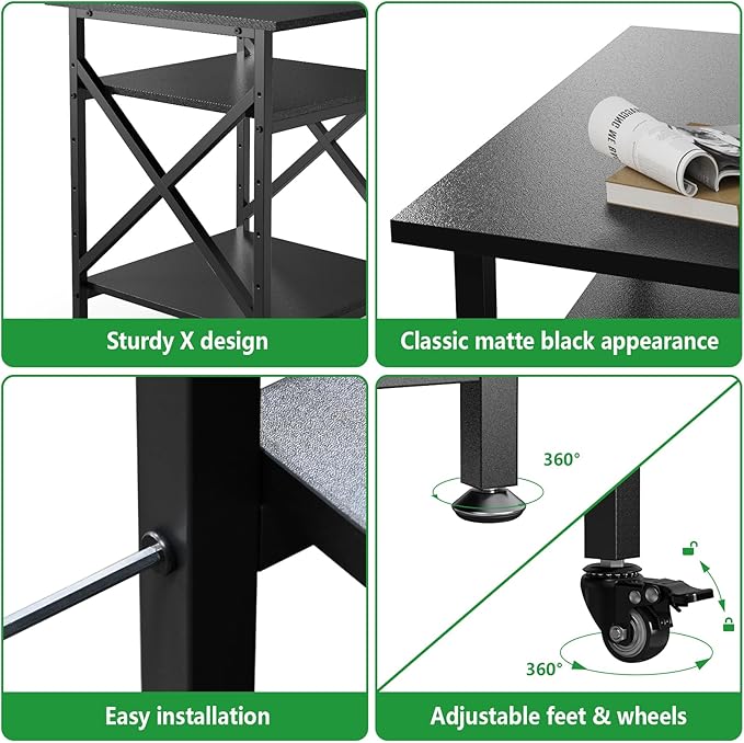 3 Tier Printer Stand, Large Table with Wheels, Rolling Cart with Height Adjustable Middle Storage Shelf, 23.6 x 23.6 x 30.3 Inches Shelf for Home Office, Black