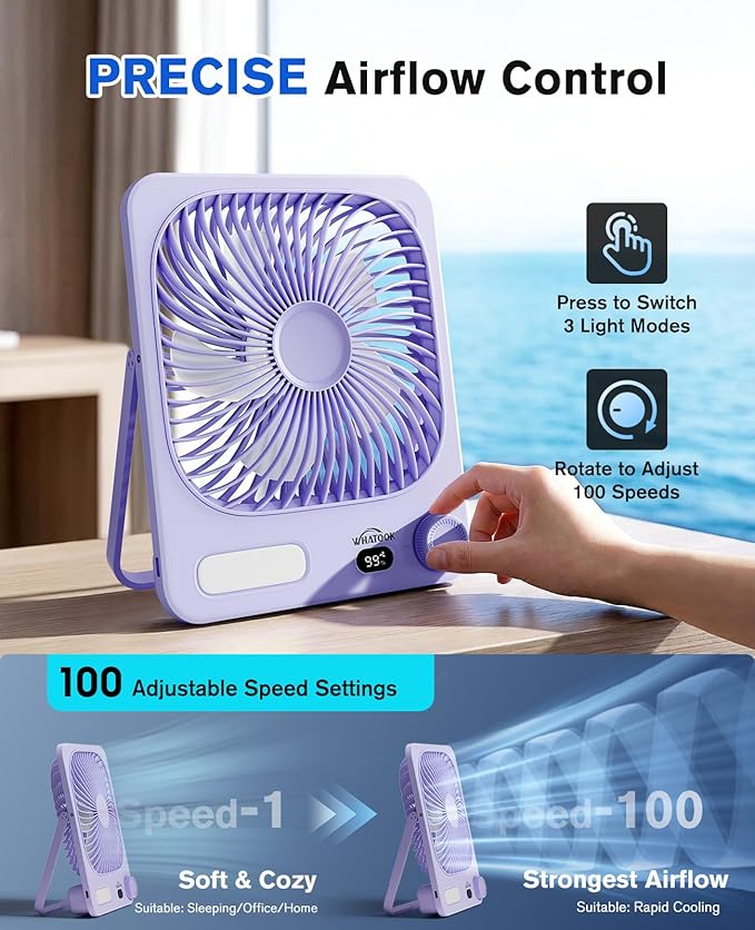 WHATOOK Small Desk Fan Rechargeable - 10000mAh Battery Operated Portable Fan with 100 Speeds & Night Light, Ultra Quiet Personal Desktop Fan for Bedroom, Office, Camping & RV Tent (Purple)