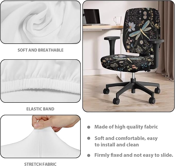 Dragonfly Flower Office Chair Covers Stretchable Computer Chair Seat Cover 2 Piece Desk Chair Slipcovers Protector Universal Fit Desk Rotating Chair,Computer Chair Office Decor