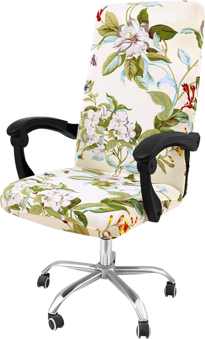 Smiry Stretch Printed Office Computer Chair Covers, Universal Desk Rotating Chair Slipcovers Removable Washable, Soft Fit Anti-Dust Spandex Protector Cover with Zipper, Beige and Green