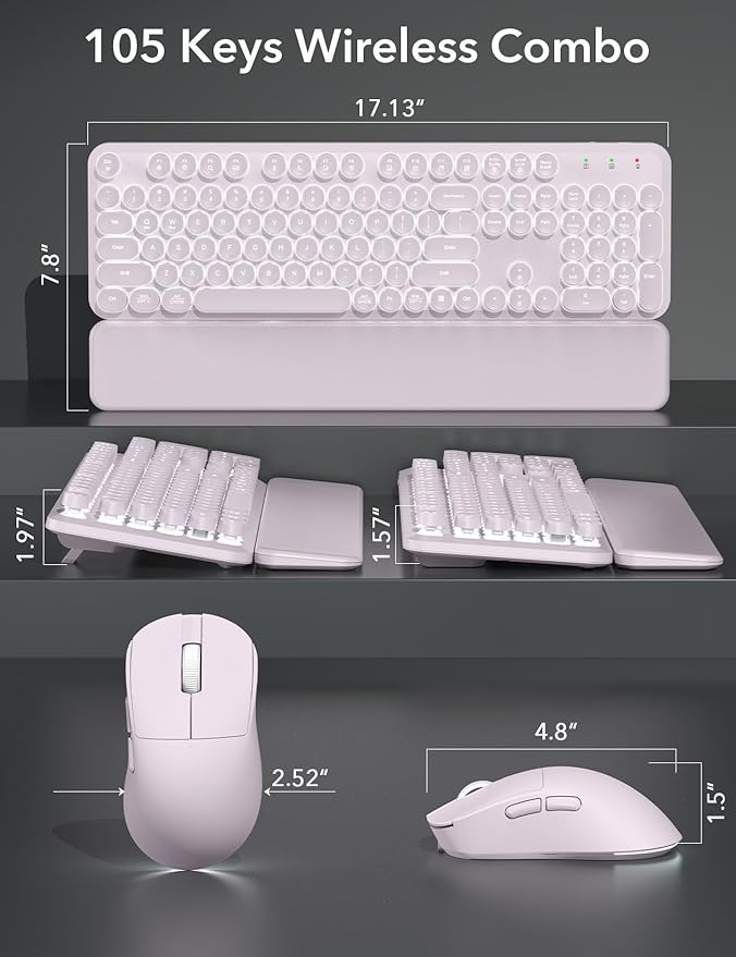 Wireless Keyboard and Mouse Backlit - Typewriter Keyboard with Magnetic Wrist Rest, Retro Round Keycaps, Light Up Letters, 2.4GHz Cordless Combo for Mac, Windows, PC, Laptop, Trueque（Dusty Lavender）