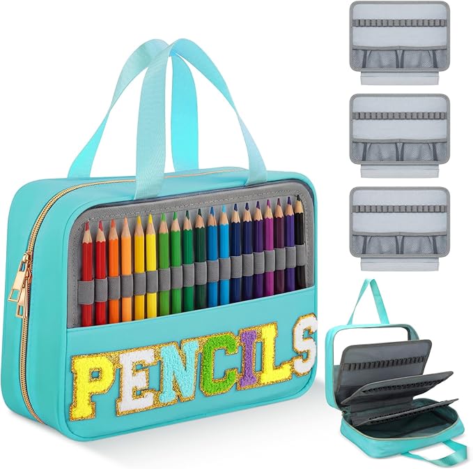 Hillban 108 Slots Large Colored Pencil Case with Chenille Letter Patch Extra Large Capacity Interlayer Pencil Holder Organizer with Handle Zipper Portable Storage Bag Graduation Gift for Artist(Green)