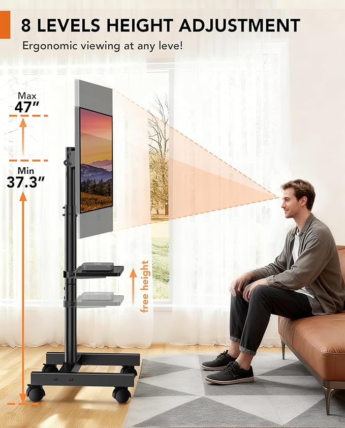 Mobile TV Floor Stand for 13-50 inch LCD LED Flat/Curved Panel Screen TVs up to 44 lbs, Height Adjustable TV Stand Mount with Tilt VESA 200x200, Portable TV Stand with Shelf HT2007BM