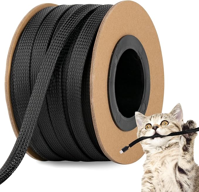 100ft 3/8 Inches Braided Wire Loom PET Cable Loom Expandable Braided Cable Sleeving Mesh Automotive Split Wire Loom for TV, Computer, Home Theater, Black