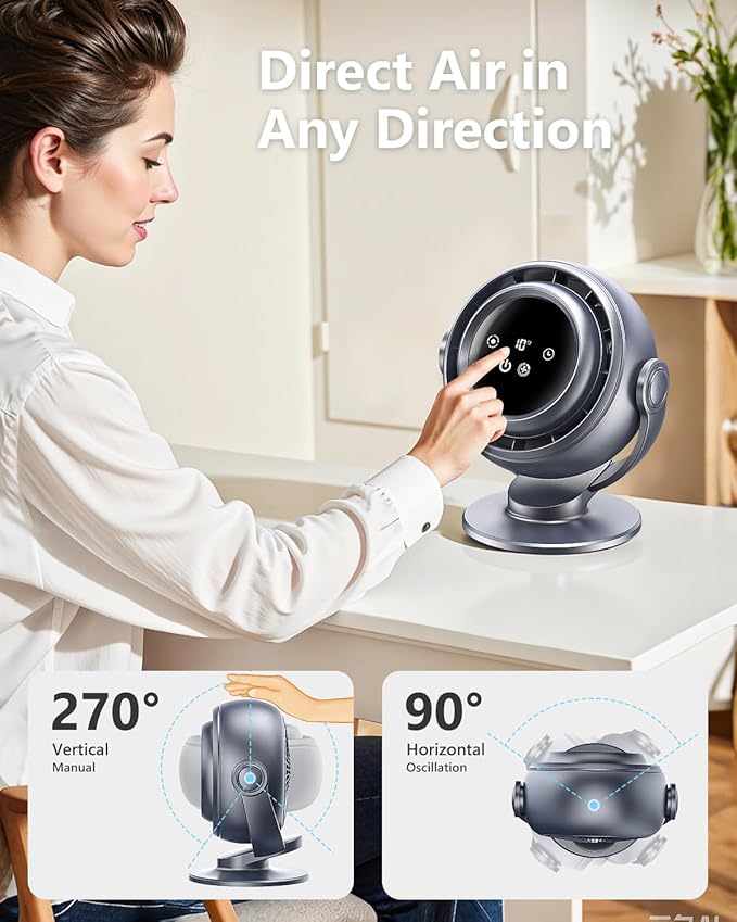 Desk Fan for Office, 90°Oscillating Fan with 6000mAh Rechargeable, 10 Speeds 4H Timer 270°Tilt Adjustment, 29dB Ultra-Quiet Portable Personal Table Fans, Gifts for Christmas Women Men Home