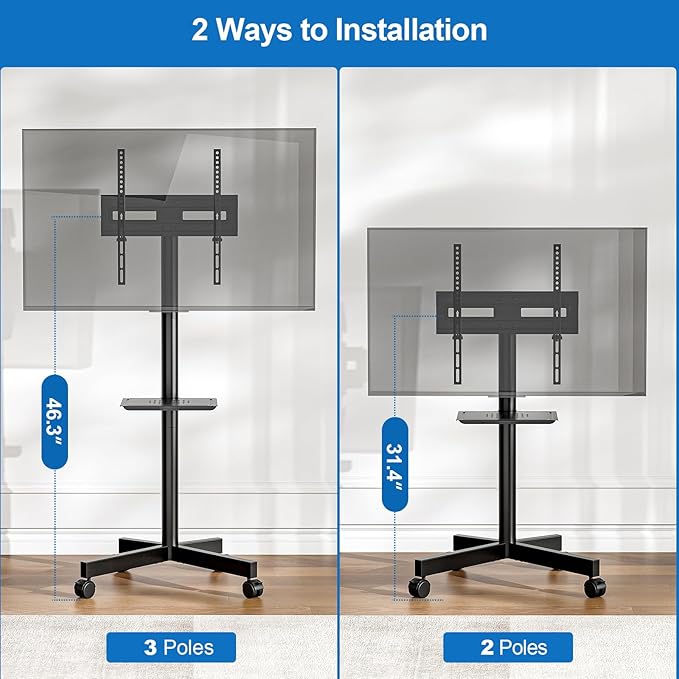 Mobile TV Stand for 23-65 Inch LCD LED Flat/Curved Panel Screen TVs, Height Adjustable Rolling Floor TV Cart with Tilt Mount and Shelf, Portable Stand Holds up to 110 lbs, Max VESA 400x400mm