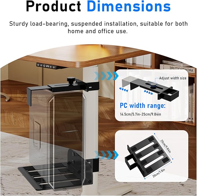 Ultra-Stable No-Drill Under Desk PC Mount - 40 lb Capacity Computer Holder, Adjustable Height & Width, Clamp-On CPU Caddy for Standing Desks (Fits 65mm x 45mm Legs)