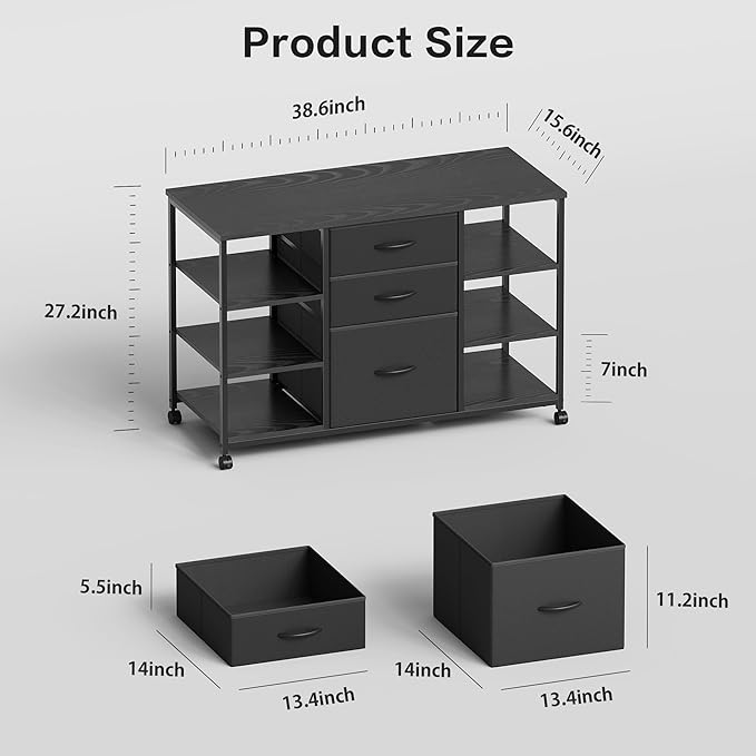YeTom Mobile File Cabinet,Lateral Filing Cabinet with 3 Fabric Drawers,Rolling Printer Stand with 4 Open Storage Shelf for Home Office,Black