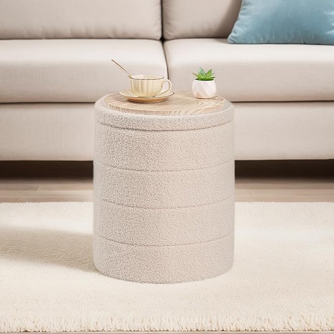 Round Boucle Storage Ottoman, Sherpa Teddy Fabric Ottoman Footstool with Reversible Tray Lid, Folding Footrest with Storage for Living Room, Bedroom, Dorm, Beige, 14.6" x 14.6" x 17.7"