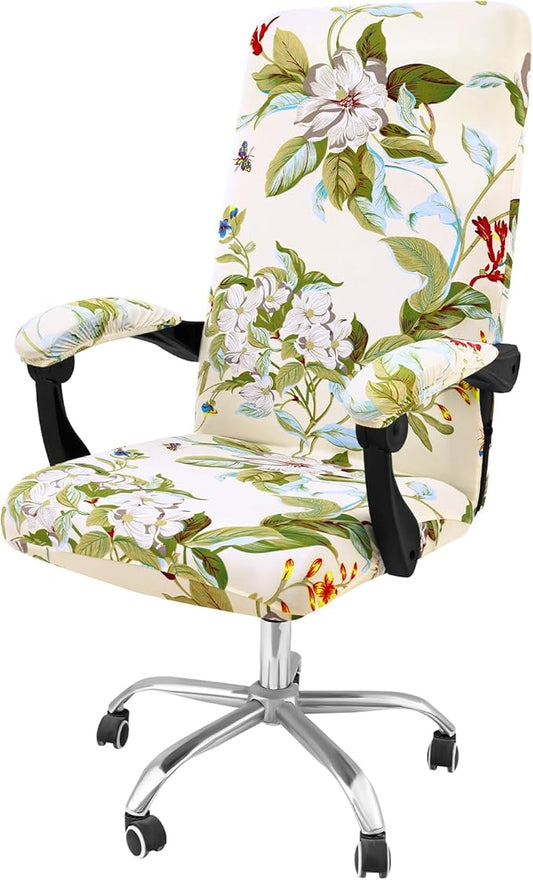 Smiry Stretch Printed Computer Office Chair Cover with Armrest Covers, Soft Fit Universal Removable Washable Desk Rotating Chair Slipcovers, Anti-Dust Spandex Protector with Zipper, Beige and Green
