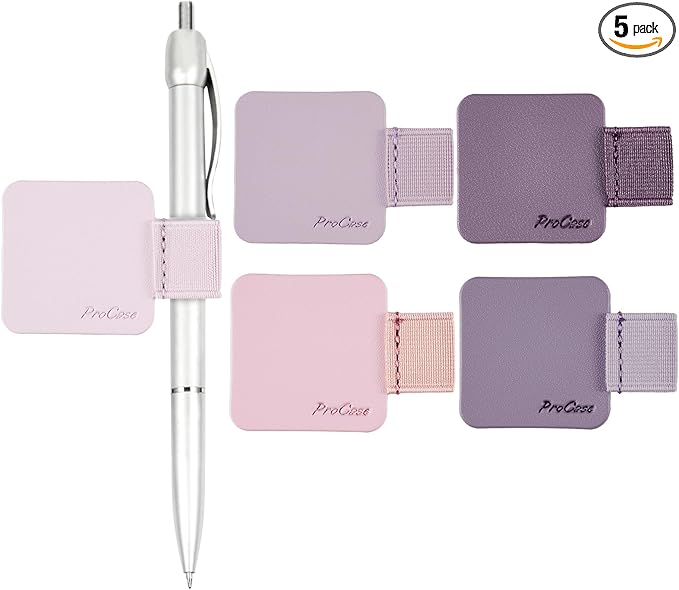ProCase (5 Pack Pen Loop Holder for Notebooks Journals Planners Tablet Case, Self Adhesive Leather Pencil Holder with Elastic Loop for Pens, Apple Pencil, Stylus Pen -Purple