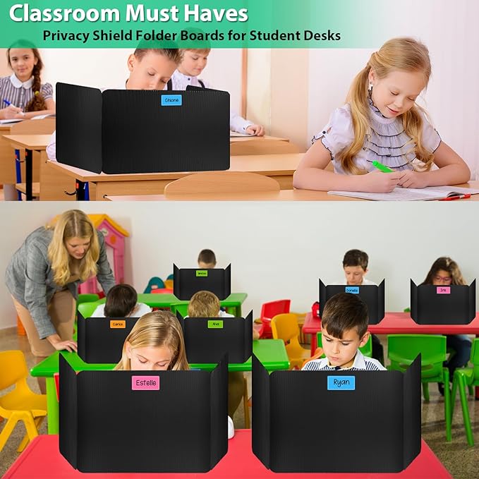 12 Pack Black Desk Dividers with Labels for Students, ROOKEA Waterproof Plastic Study Carrel Dividers, Privacy Classroom Shield Folder Boards Desk for Classroom Teacher Supplies Test Divider