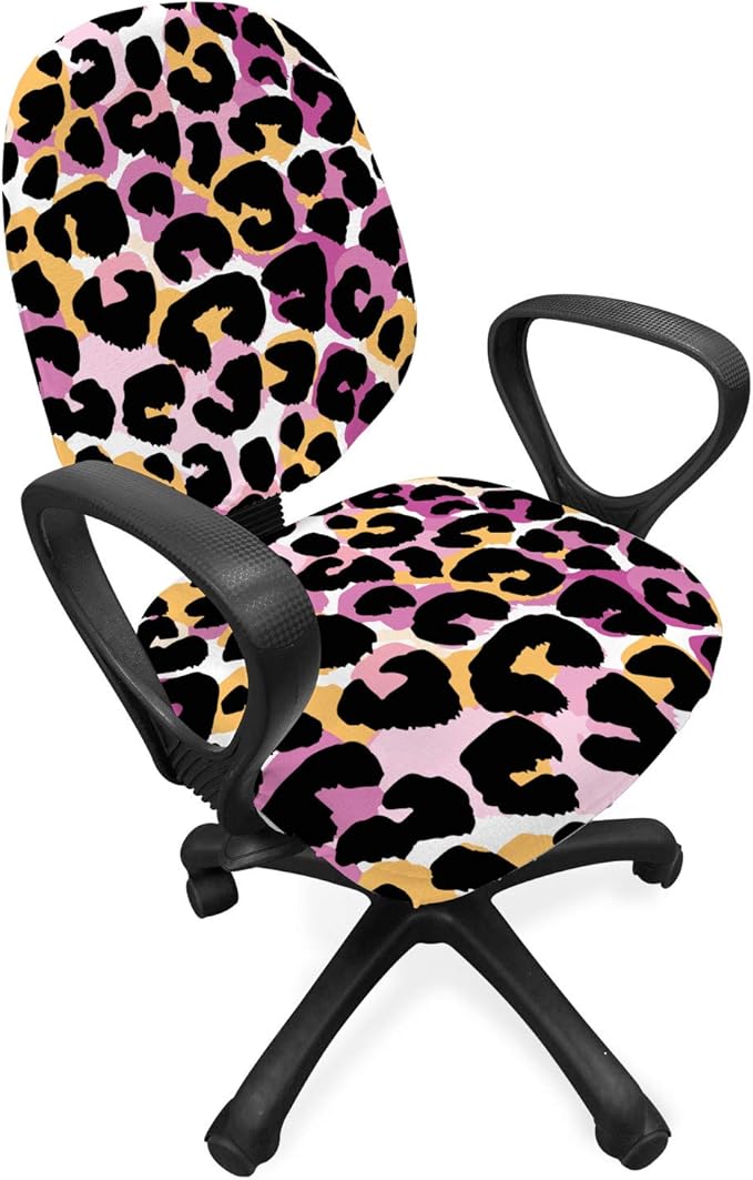 Ambesonne Leopard Print Office Chair Slipcover, Abstract Wild Exotic Animal Skin Pattern in Style with Vibrant Color, Protective Stretch Decorative Fabric Cover, Standard Size, Pink Black