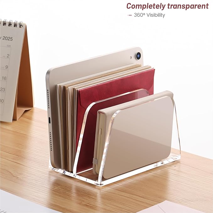 YUXUN Acrylic Mail Organizer for Desk, 2 Compartment Letter & Document Holder with Non-Slip Base, Small File Holders for Bills, Envelopes, Letters,Mails, Papers, Clear Office Supplies for School Home
