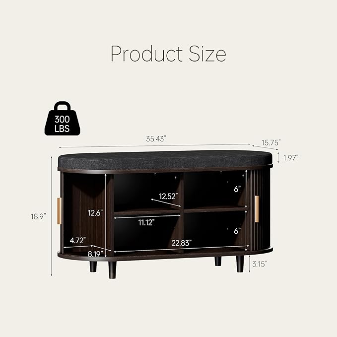 DHH 2-Tier Storage Bench,Wide Shoe Bench with Thickened Padded Seat Cushion, Mid Century Modern Fluted Sliding Door and Adjustable Shelf, for Entryway, Living Room, Bedroom (Dark Walnut, 35.4“)