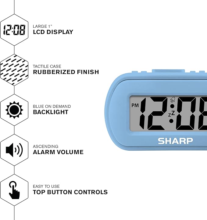 Sharp Digital Alarm Clock – Tactile Case with Soft Rubberized Finish - Battery Operated – Blue Backlight on Demand – Ascending Alarm – Easy to Use – Light Blue