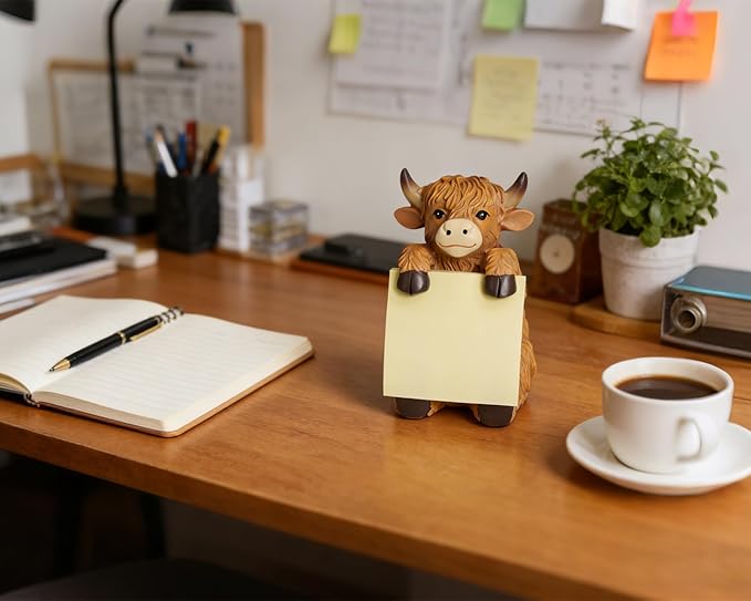Highland Cow Pop-up Sticky Note Dispenser, Includes 1 Pad of 3x3 in Super Sticky Notes, 100 Sheets, Resin Cute Handmade Desk Holder for Office & Home-Brown