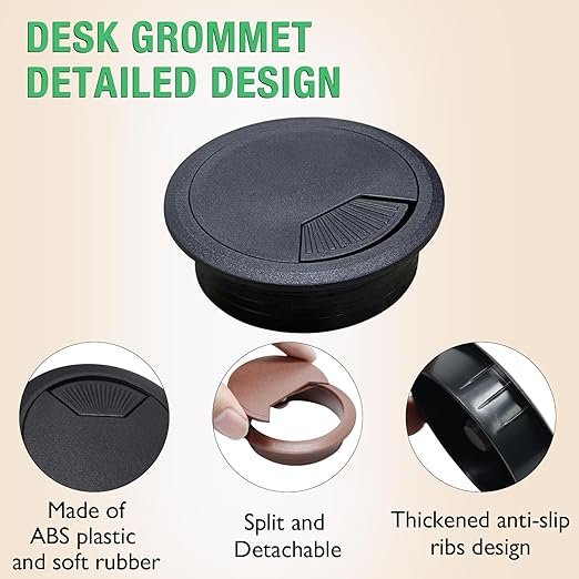 EASYEAH 2 Pcs Desk Grommet 2-3/8" / 60 mm, Desk Cord Hole Cover, Cable Grommet ABS Plastic, Desk Hole Grommet for Home & Office Pc, Detachable Adjustable Cable Cord Organizer-Black