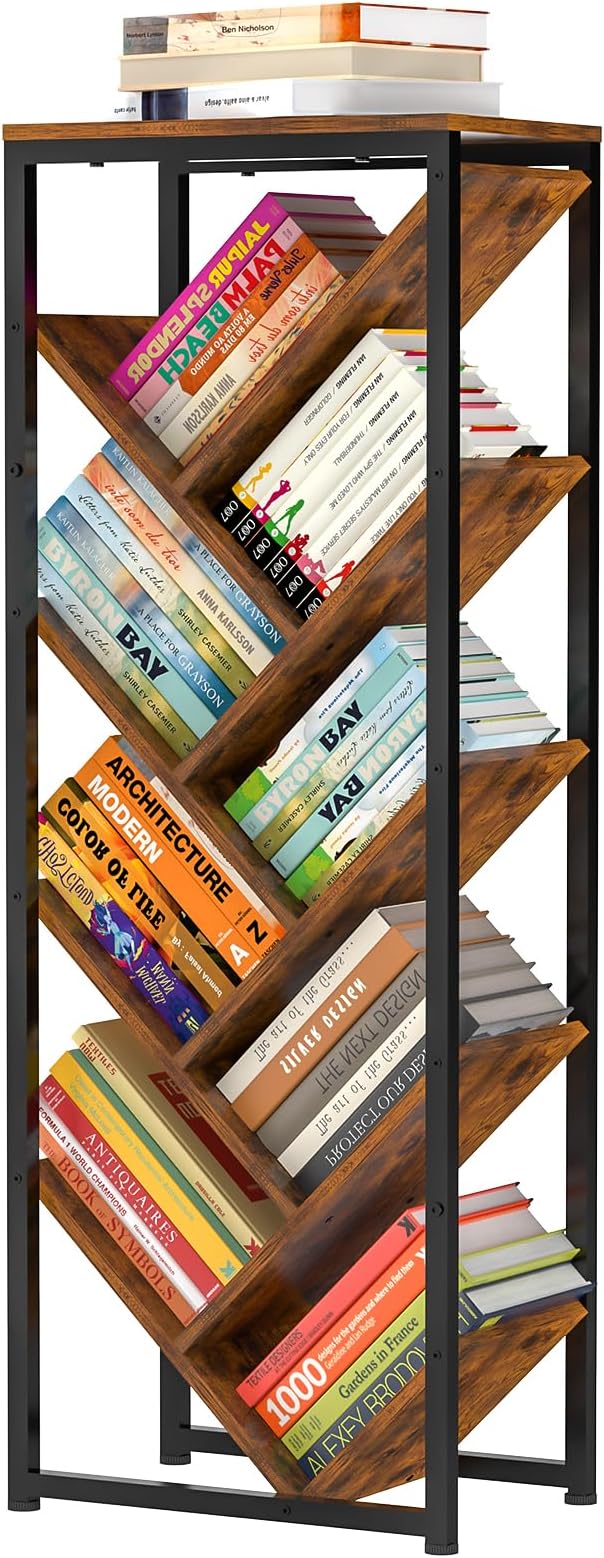 Cutogxon Tree Bookshelf - 9 Tier Floor Standing Tree Book Storage Organizer with Adjustable Feet for Hardcover Books, Vintage Living Room, Corne,Small Space, Patent Pending