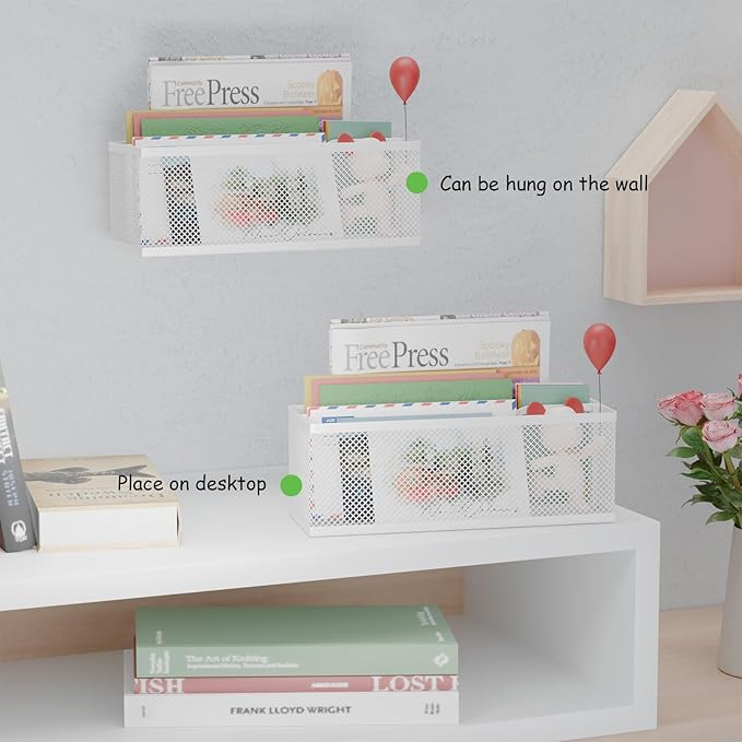 Mail Holder Countertop, Mail Organizer with 2 Slots, Mail Basket Wall Mounted Desktop Mail Sorter Letter Holder Box Envelope Organizer for Home Office, White