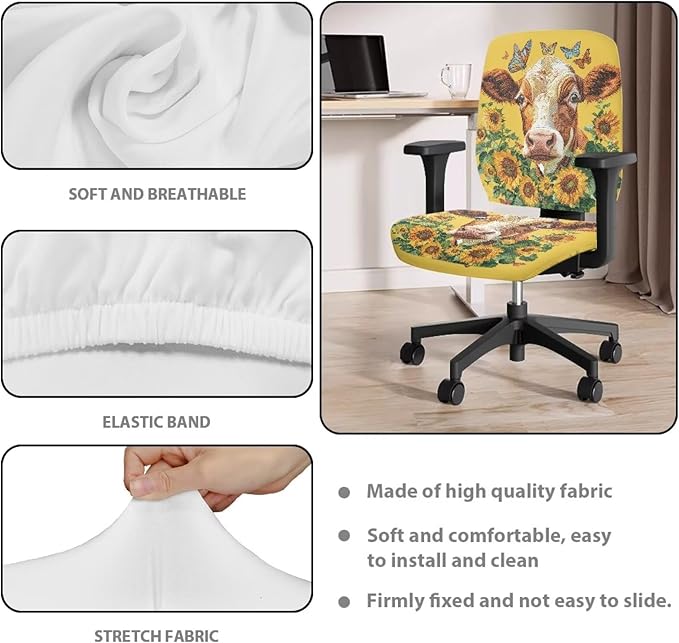 GLENLCWE Sunflower Cow Butterfly Computer Office Chair Covers Protective Stretchable Chair Cover Rotating Chair Slipcover Desk Armchair Cover Suitable for Computer Chairs Office Chairs