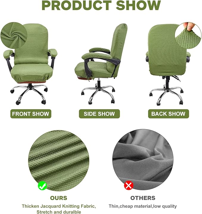 NeColorLife Stretchable Office Chair Cover with Armrest Covers - Thick Checked Jacquard High Back Desk Chair Slipcover for Rotating Chairs (Large Size,Green)