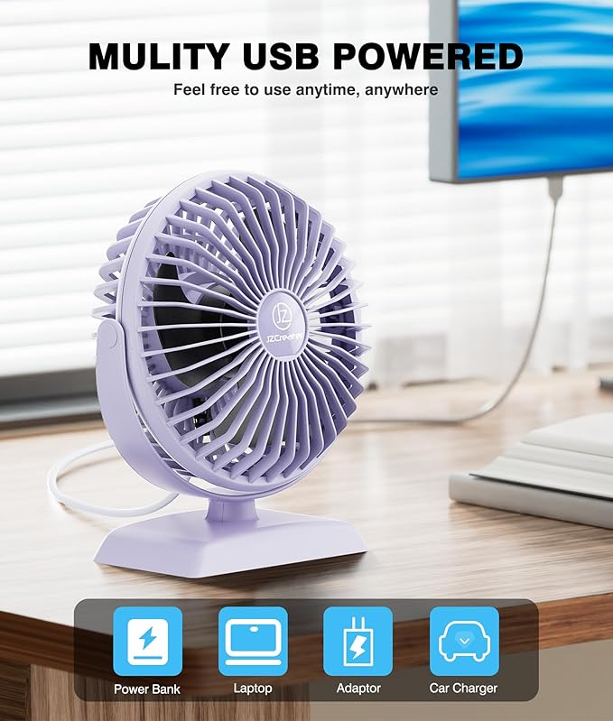 JZCreater USB Desk Fan, USB Fan Mini, 360 Rotation Desktop Fan with 3 Speed, Table Personal Cooling Fan, Quiet Mini Desk Fan, USB Powered, Small Fan for Home Office Bedroom Car Travel, Purple