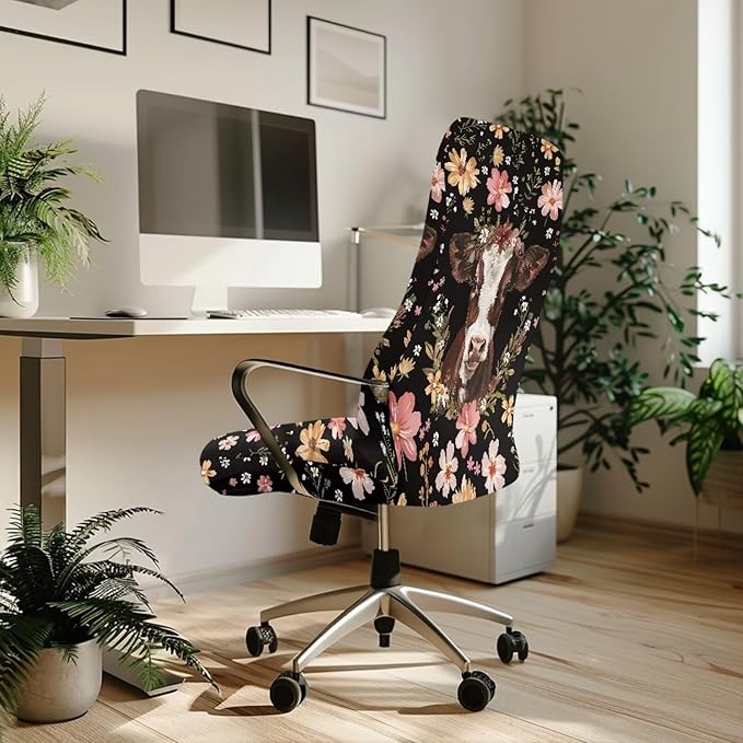 Talayituse Cow Flower Print Office Chair Cover Stretchable Desk Chair Cover Universal Rotating Computer Chair Cover Washable Office Chair Seat Cover Armchair Cover Slipcover for Desk Computer Chair, L