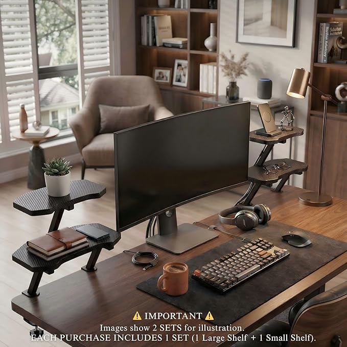 Clamp-On Dual-Layer Desk Shelf Set, Stackable Floating Desk Shelf with Carbon Fiber Textured Surface, 18mm Solid-Core Wood,(Textured Black, 1 Large + 1 Small)