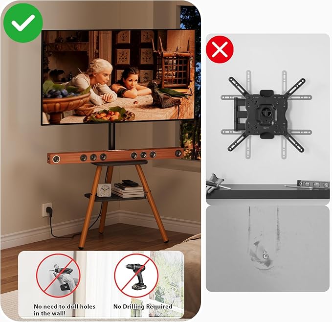 Tripod Easel TV Stand for 23-60 Inch TVs, Floor TV Stand with 2 Shelves and Cable Management for Bedroom/Living Room, Holds up to 80 lbs Adjustable Height Max VESA 400x400mm, Artistic Black Walnut