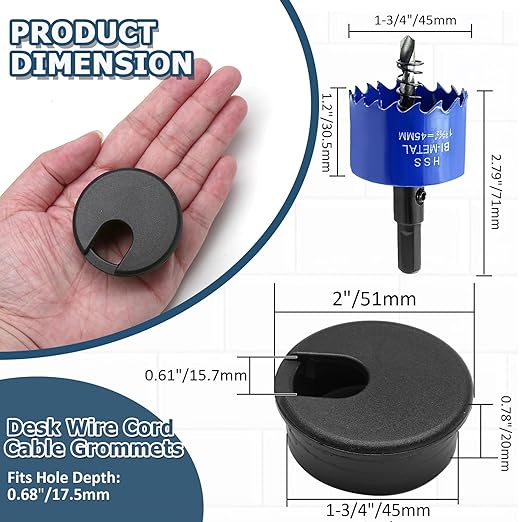 8pcs 1-3/4 Inch Desk Grommet with Drilling Hole Saw, Plastic Desk Hole Cover, Black Cable Hole Cover, Desk Hole Grommet for Wire Cord Organizing Office Computer Desk